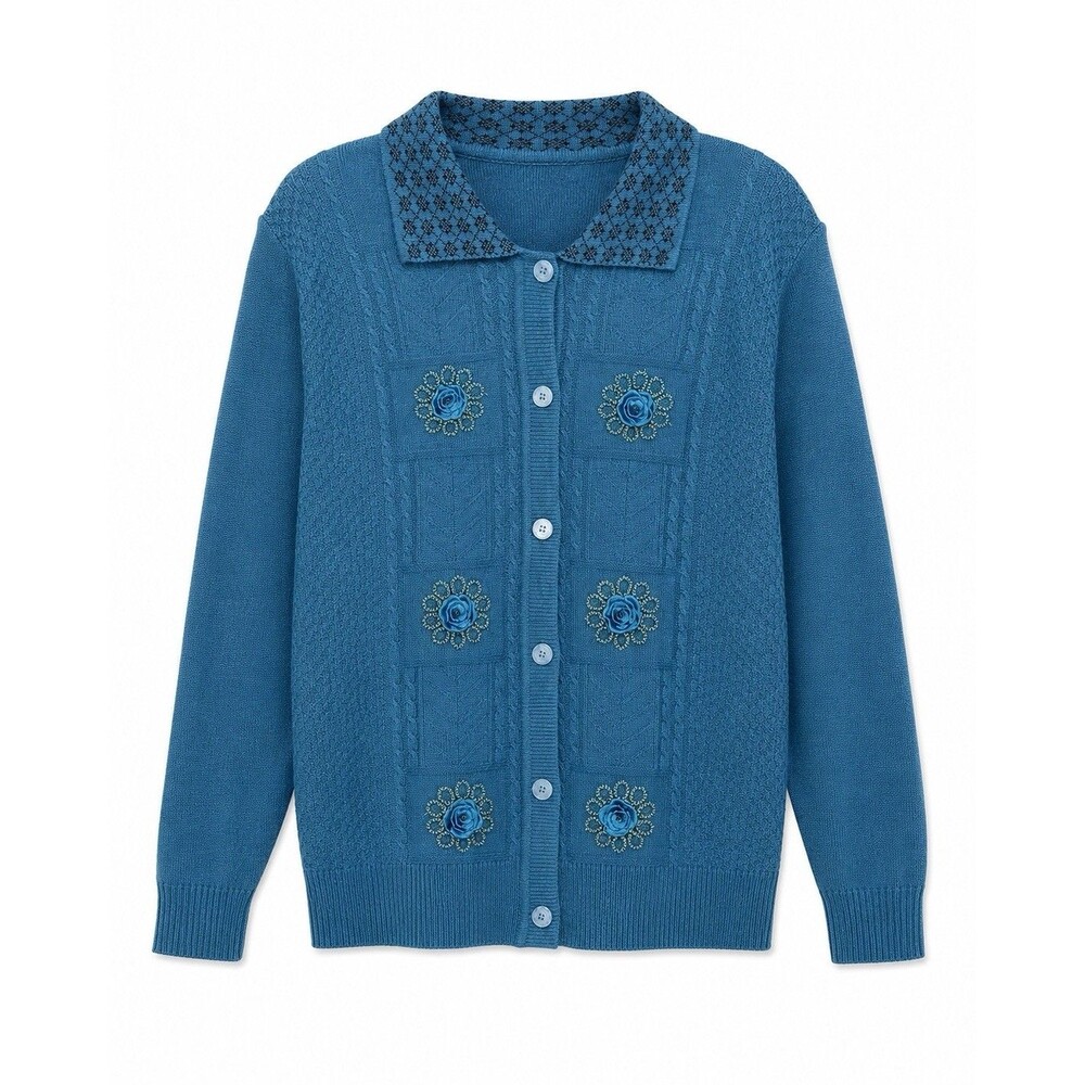 T.C Fashion Vintage Women's Large Button Up Embellished Cardigan Teal Knit
